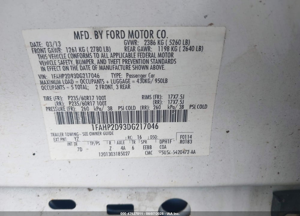 2013 FORD TAURUS VIN: 1FAHP2D93DG217046
