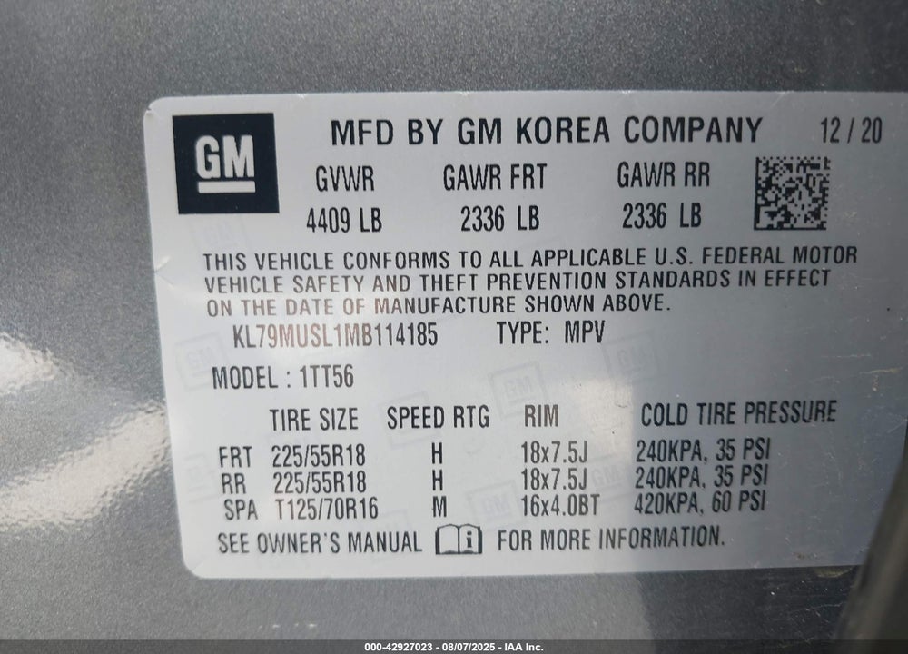 2021 CHEVROLET TRAILBLAZER VIN: KL79MUSL1MB114185