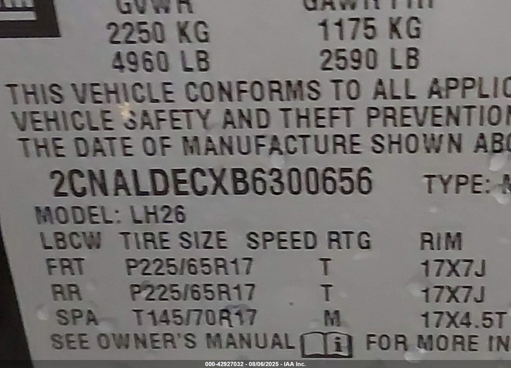 2011 CHEVROLET EQUINOX 1LT VIN: 2CNALDECXB6300656