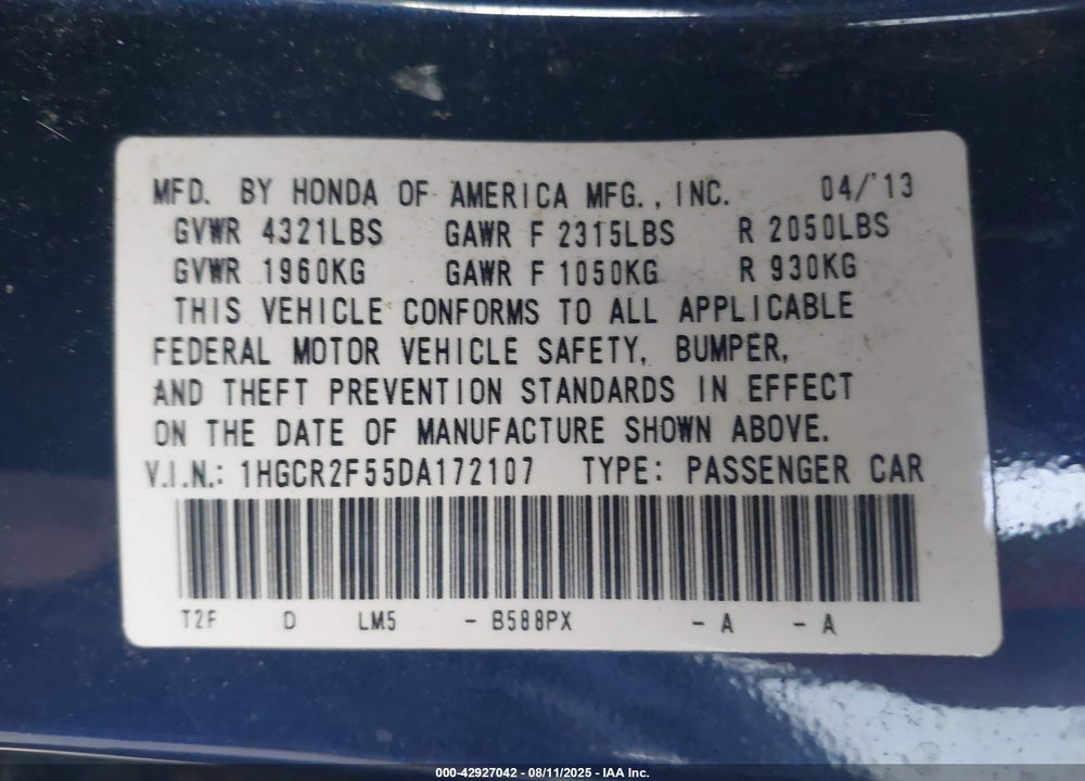 2013 HONDA ACCORD VIN: 1HGCR2F55DA172107