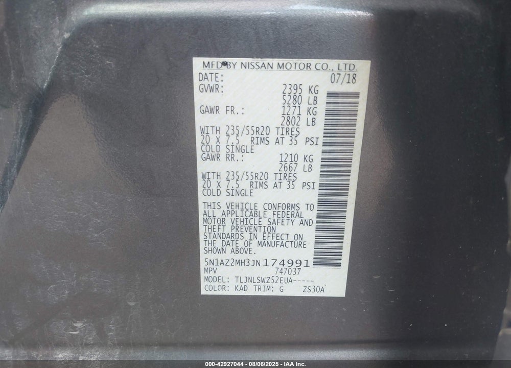 2018 NISSAN MURANO VIN: 5N1AZ2MH3JN174991