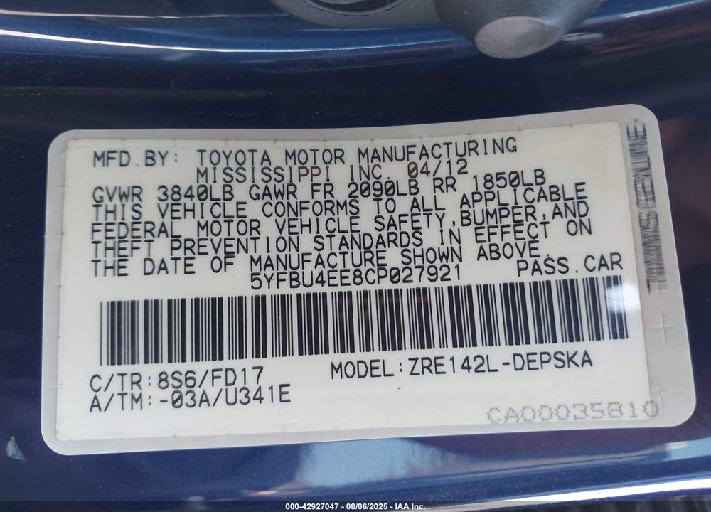 2012 TOYOTA COROLLA VIN: 5YFBU4EE8CP027921
