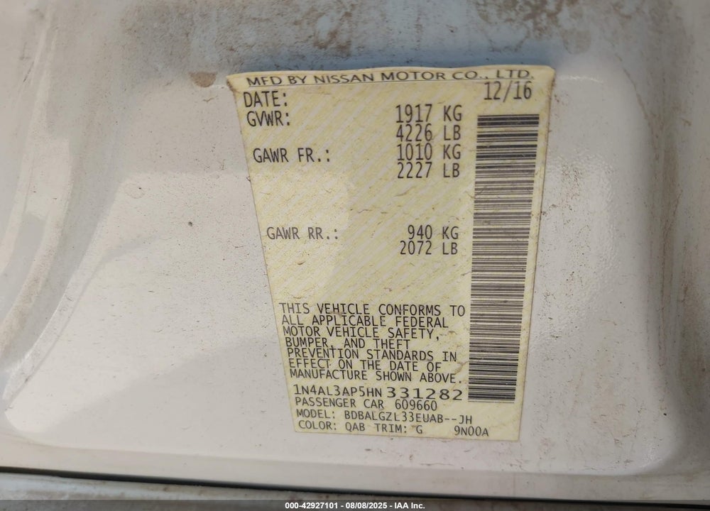 2017 NISSAN ALTIMA VIN: 1N4AL3AP5HN331282