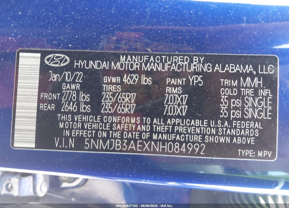 2022 HYUNDAI TUCSON VIN: 5NMJB3AEXNH084992