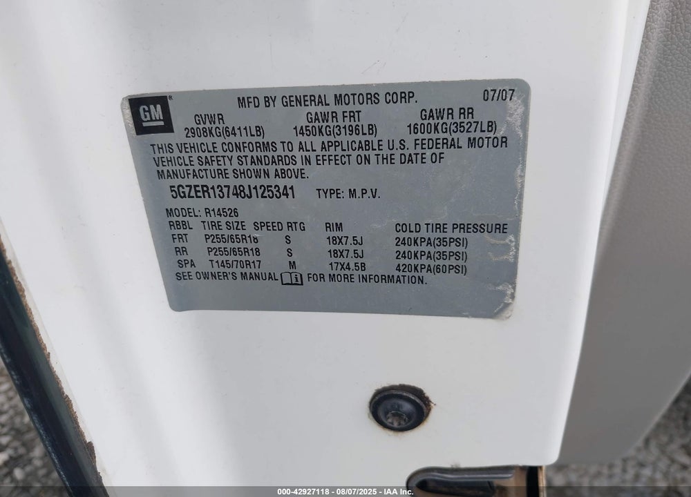 2008 SATURN OUTLOOK XE VIN: 5GZER13748J125341