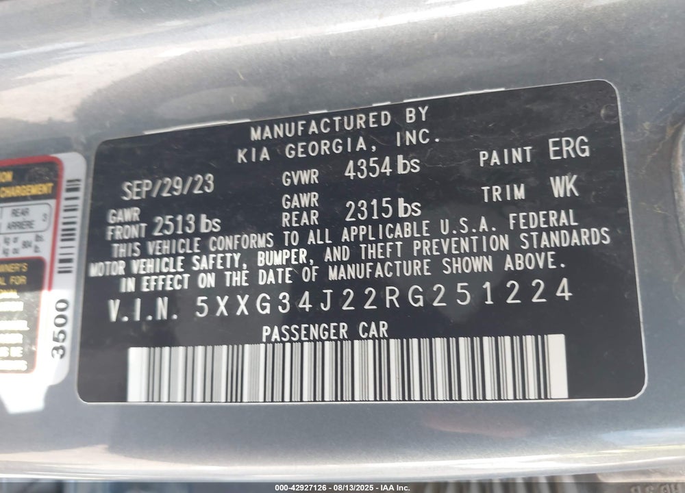 2024 KIA K5 VIN: 5XXG34J22RG251224