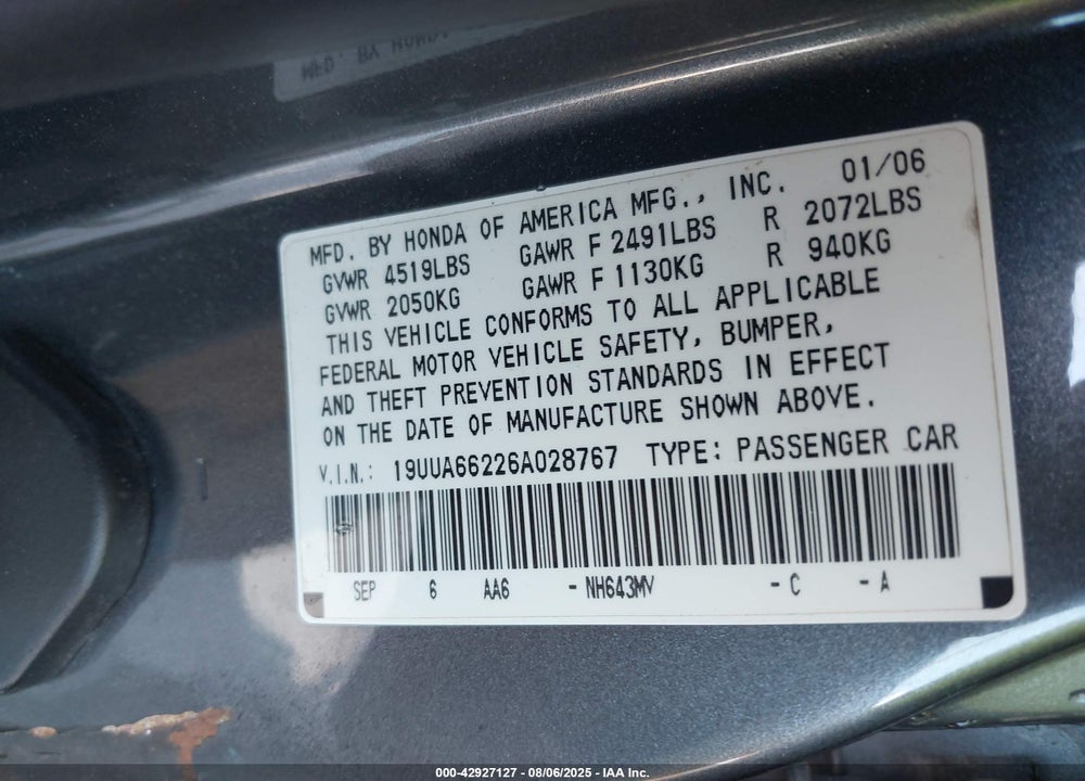 2006 ACURA TL VIN: 19UUA66226A028767