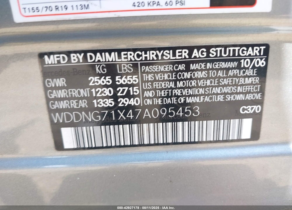 2007 MERCEDES-BENZ S 550 VIN: WDDNG71X47A095453