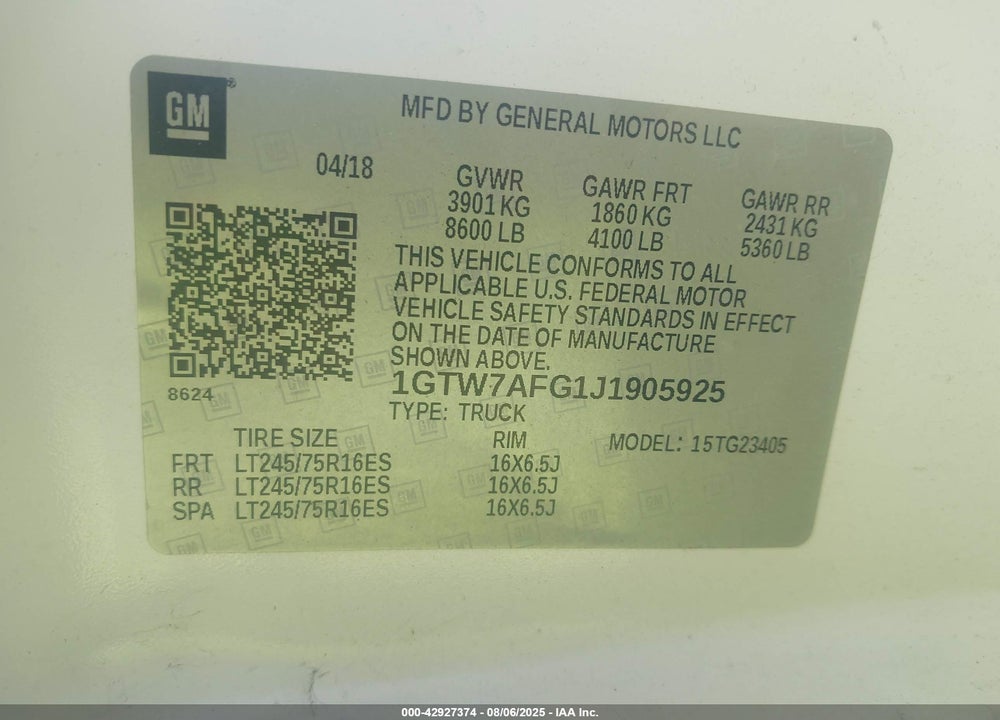 2018 GMC SAVANA 2500 WORK VAN VIN: 1GTW7AFG1J1905925