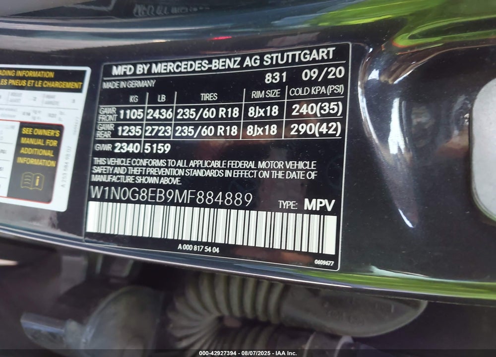 2021 MERCEDES-BENZ GLC CLASS VIN: W1N0G8EB9MF884889