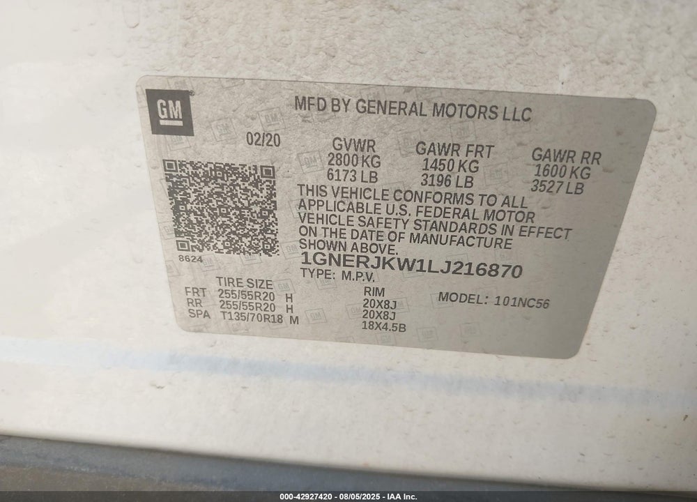 2020 CHEVROLET TRAVERSE VIN: 1GNERJKW1LJ216870
