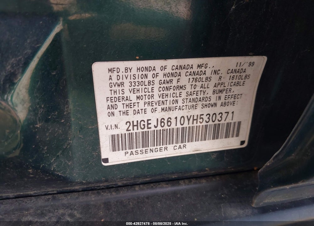 2000 HONDA CIVIC VALUE PACKAGE VIN: 2HGEJ6610YH530371