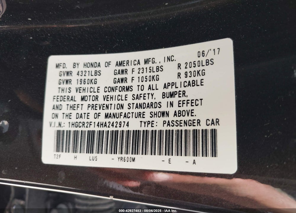 2017 HONDA ACCORD SPORT SE VIN: 1HGCR2F14HA242974