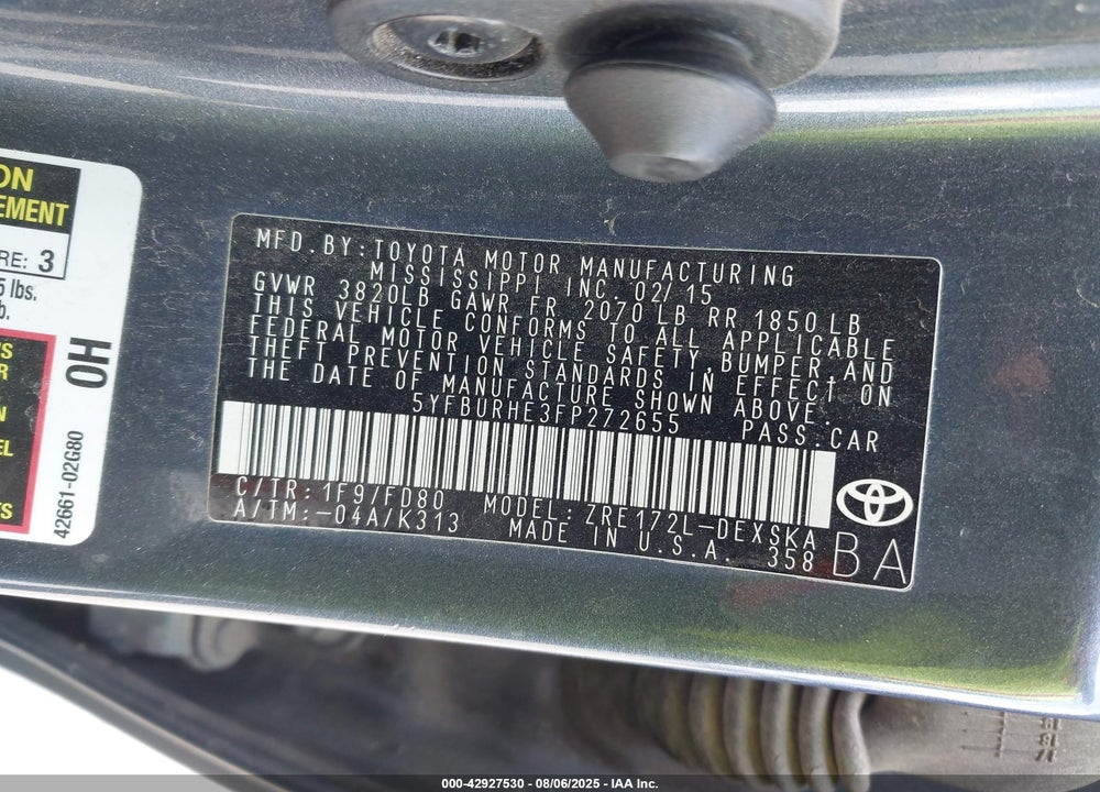 2015 TOYOTA COROLLA VIN: 5YFBURHE3FP272655
