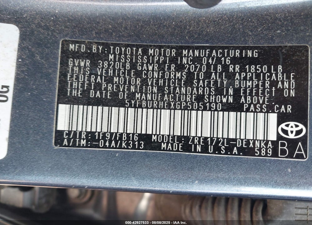2016 TOYOTA COROLLA LE VIN: 5YFBURHEXGP505190