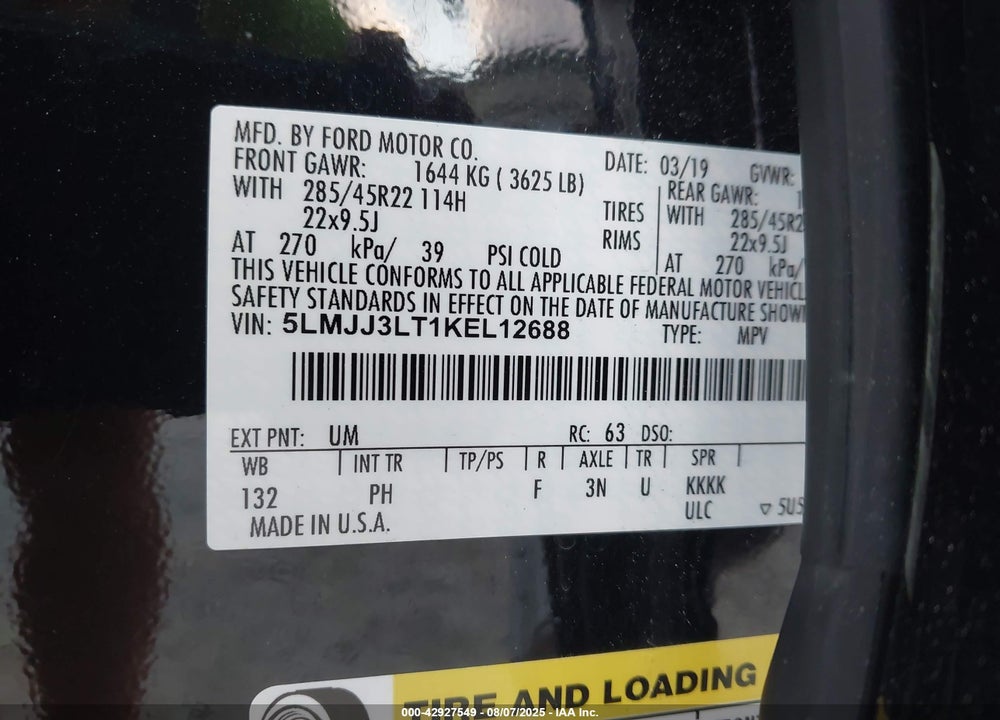 2019 LINCOLN NAVIGATOR L RESERVE VIN: 5LMJJ3LT1KEL12688