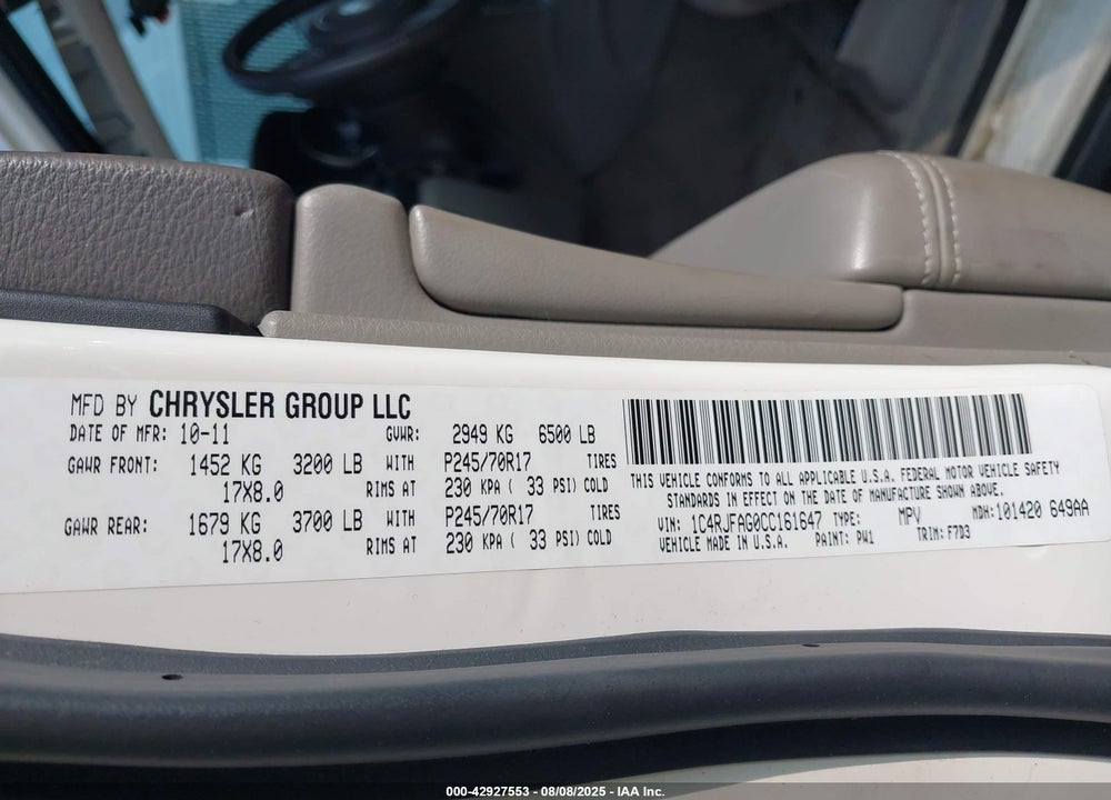 2012 JEEP GRAND CHEROKEE LAREDO VIN: 1C4RJFAG0CC161647