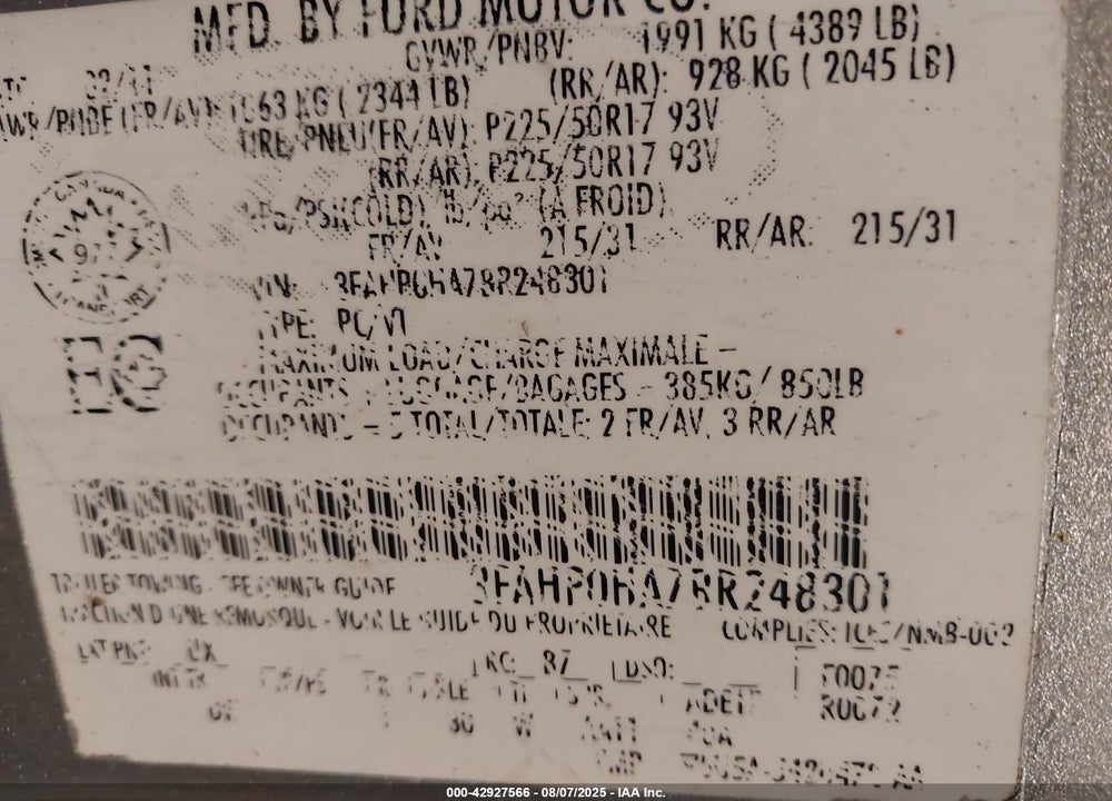 2011 FORD FUSION SE VIN: 3FAHP0HA7BR248301