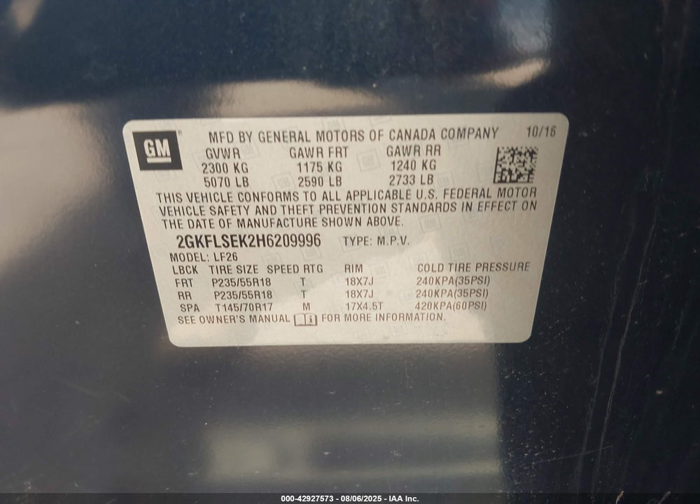 2017 GMC TERRAIN VIN: 2GKFLSEK2H6209996