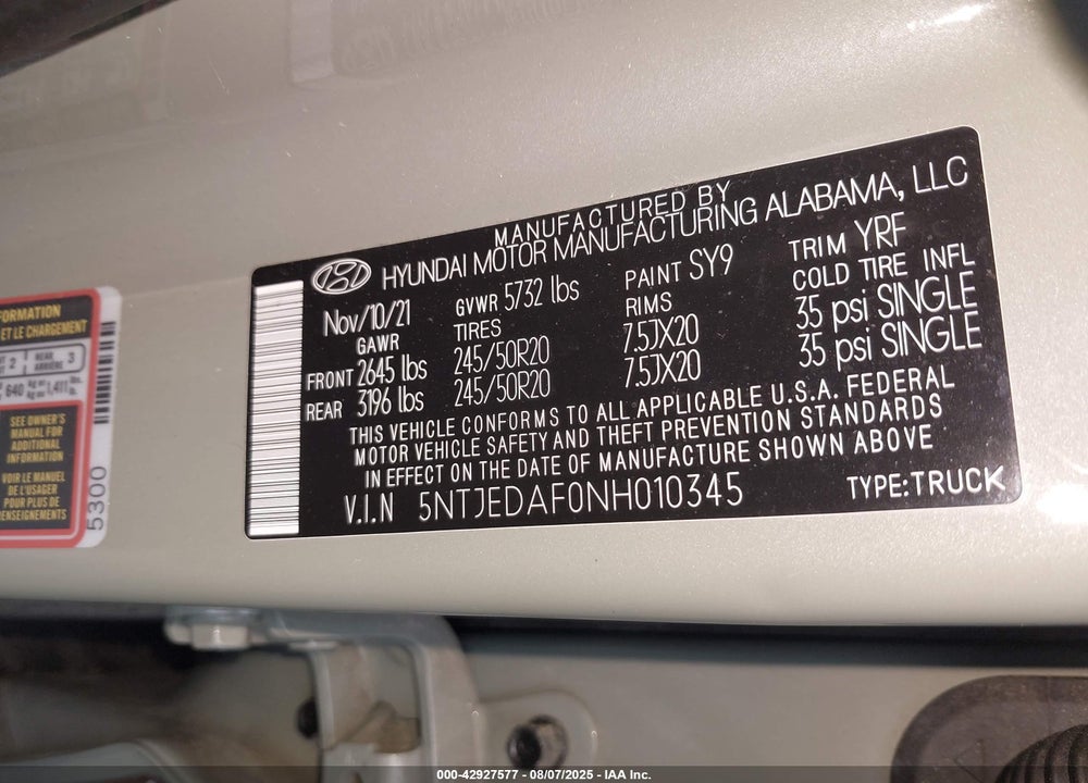 2022 HYUNDAI SANTA CRUZ VIN: 5NTJEDAF0NH010345