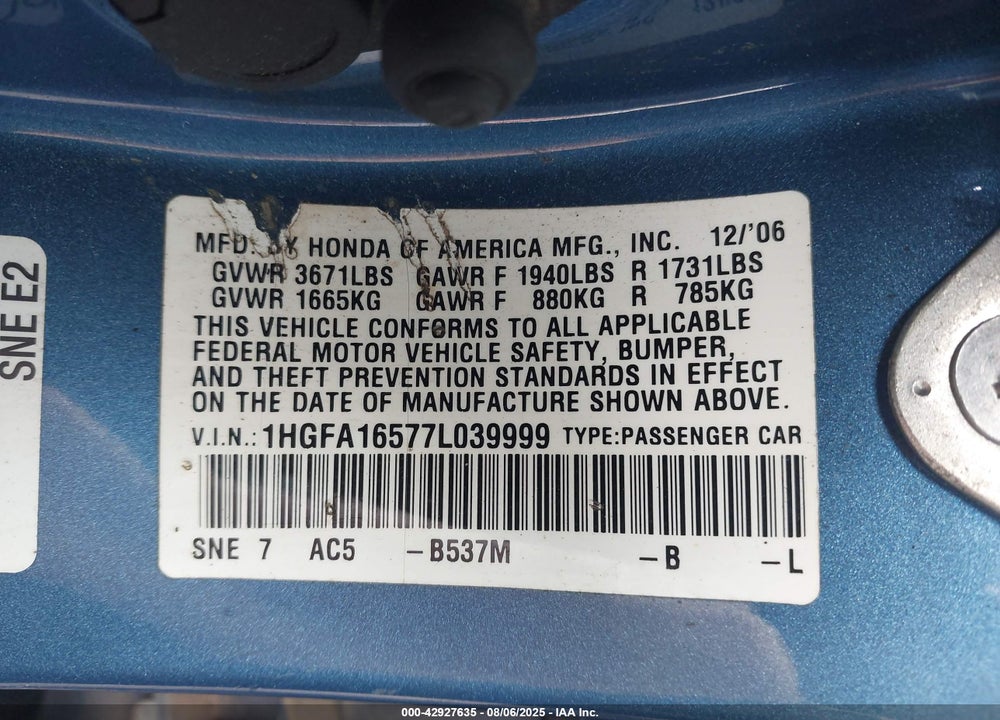 2007 HONDA CIVIC LX VIN: 1HGFA16577L039999