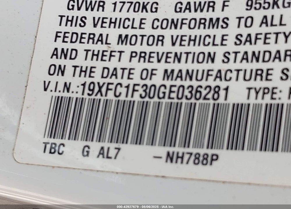 2016 HONDA CIVIC VIN: 19XFC1F30GE036281
