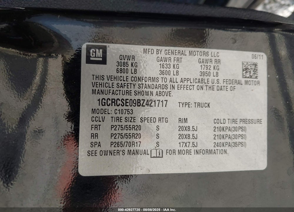 2011 CHEVROLET SILVERADO 1500 VIN: 1GCRCSE09BZ421717