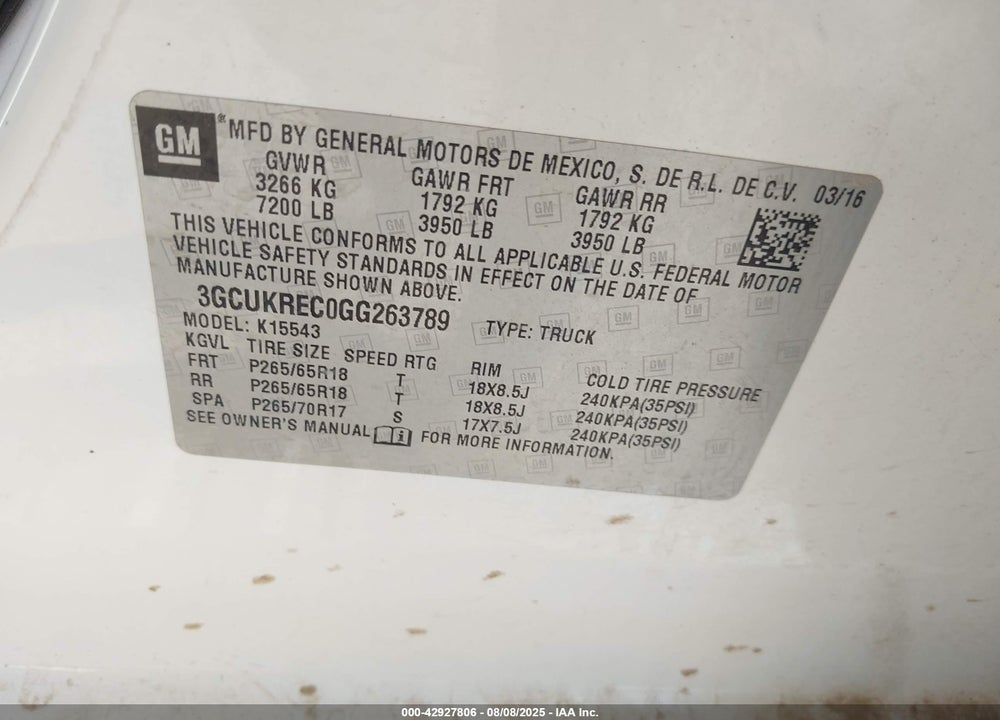2016 CHEVROLET SILVERADO 1500 VIN: 3GCUKREC0GG263789