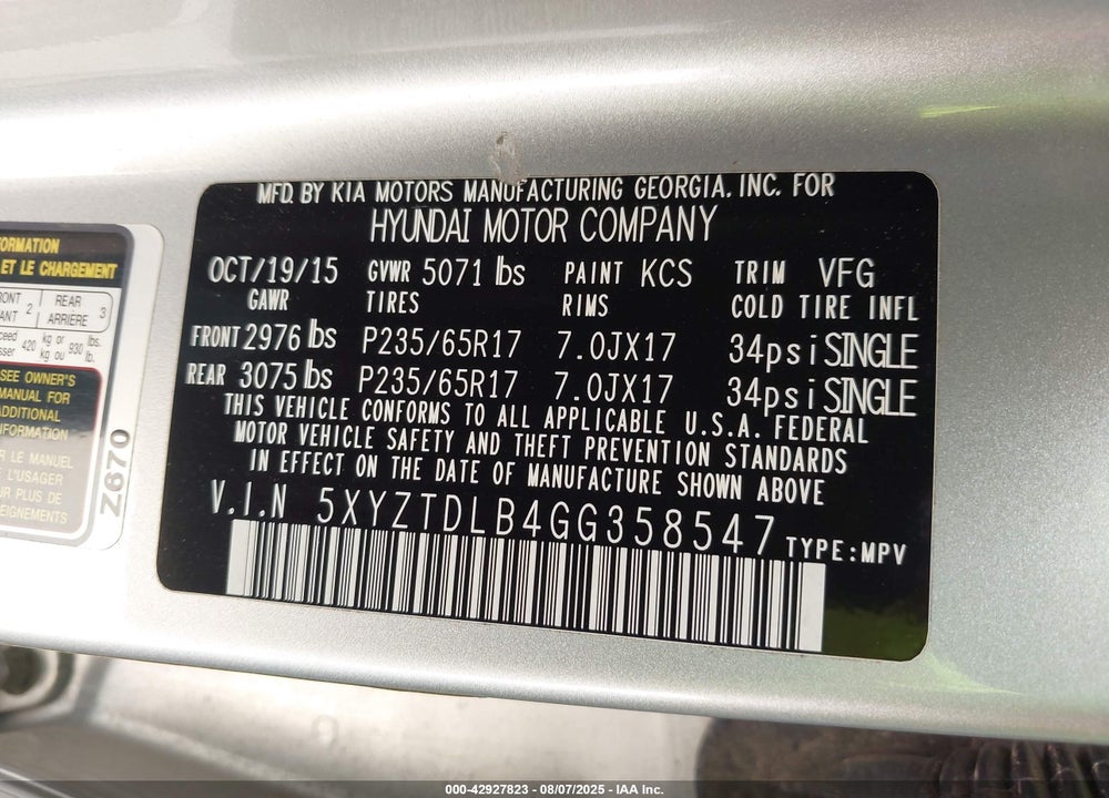 2016 HYUNDAI SANTA FE VIN: 5XYZTDLB4GG358547