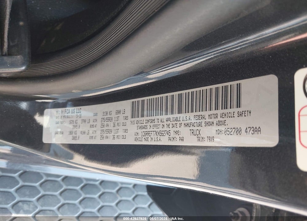 2019 RAM 1500 VIN: 1C6RREFT7KN562745