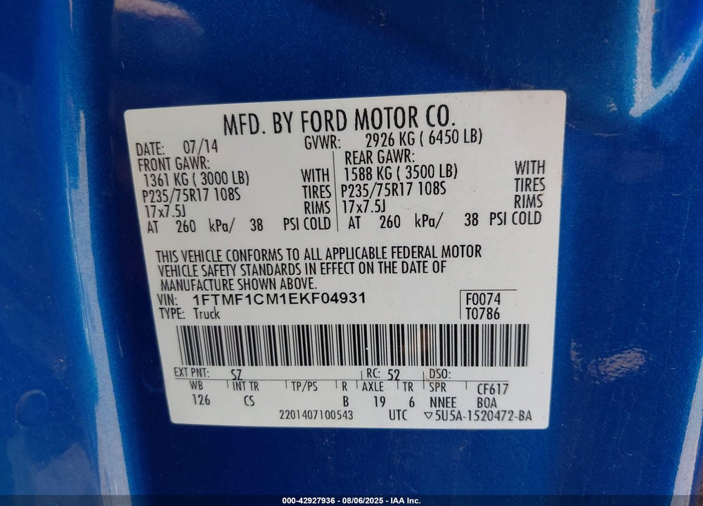 2014 FORD F-150 VIN: 1FTMF1CM1EKF04931