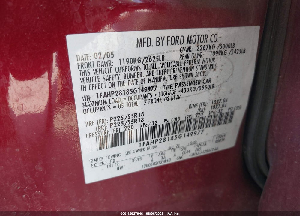 2005 FORD FIVE HUNDRED VIN: 1FAHP28185G149977