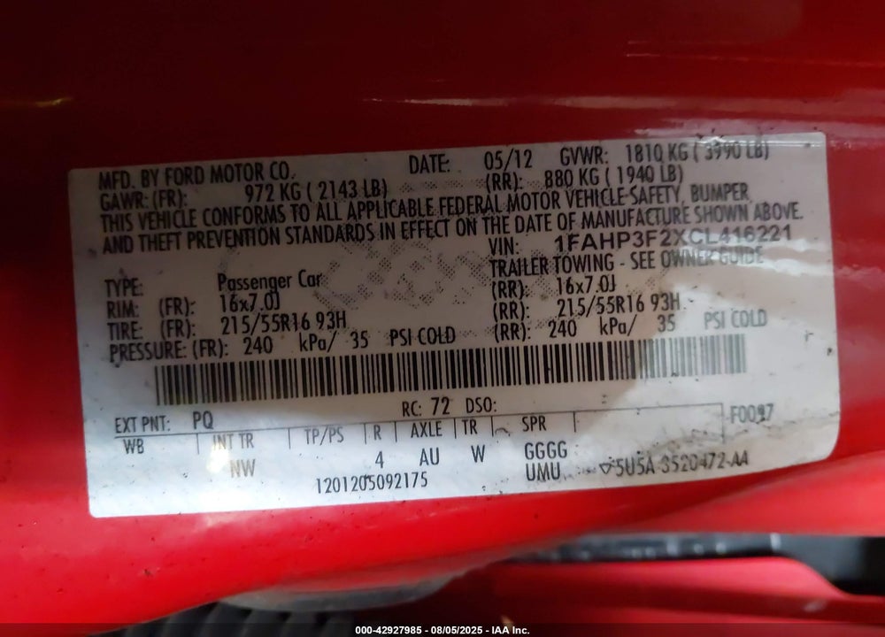2012 FORD FOCUS VIN: 1FAHP3F2XCL416221