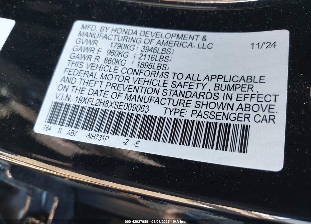 2025 HONDA CIVIC VIN: 19XFL2H8XSE009063