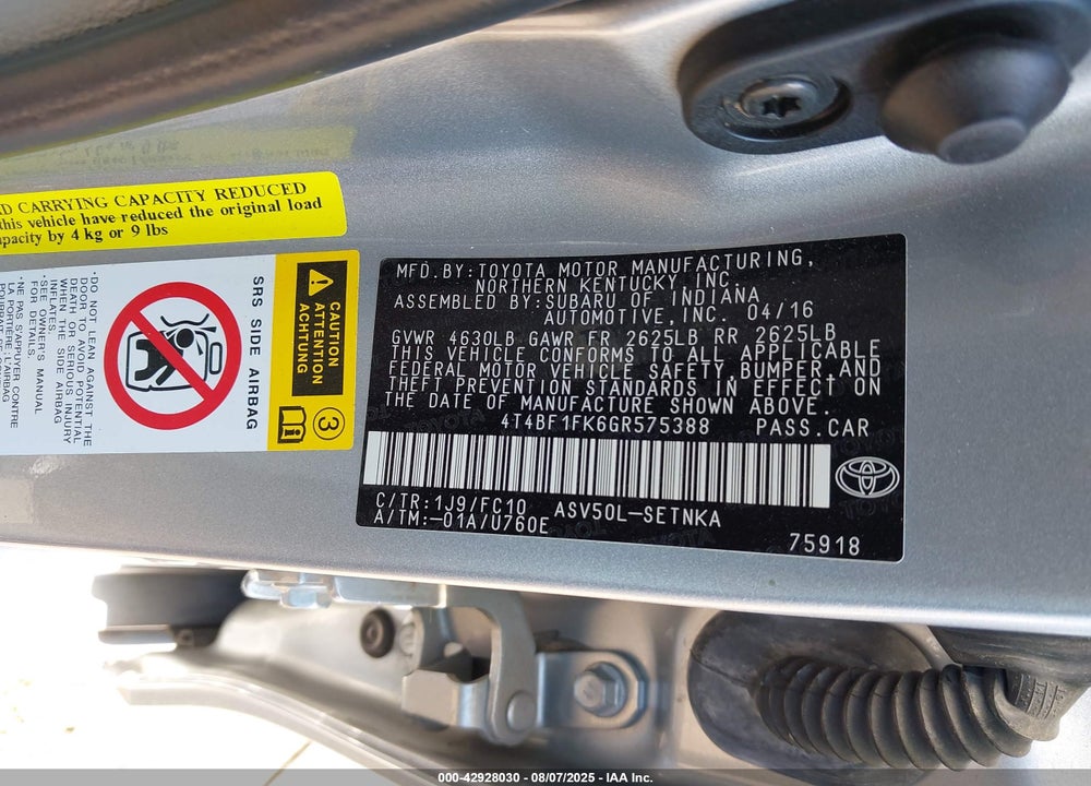 2016 TOYOTA CAMRY LE VIN: 4T4BF1FK6GR575388