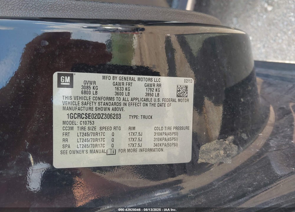 2013 CHEVROLET SILVERADO 1500 VIN: 1GCRCSE02DZ306203