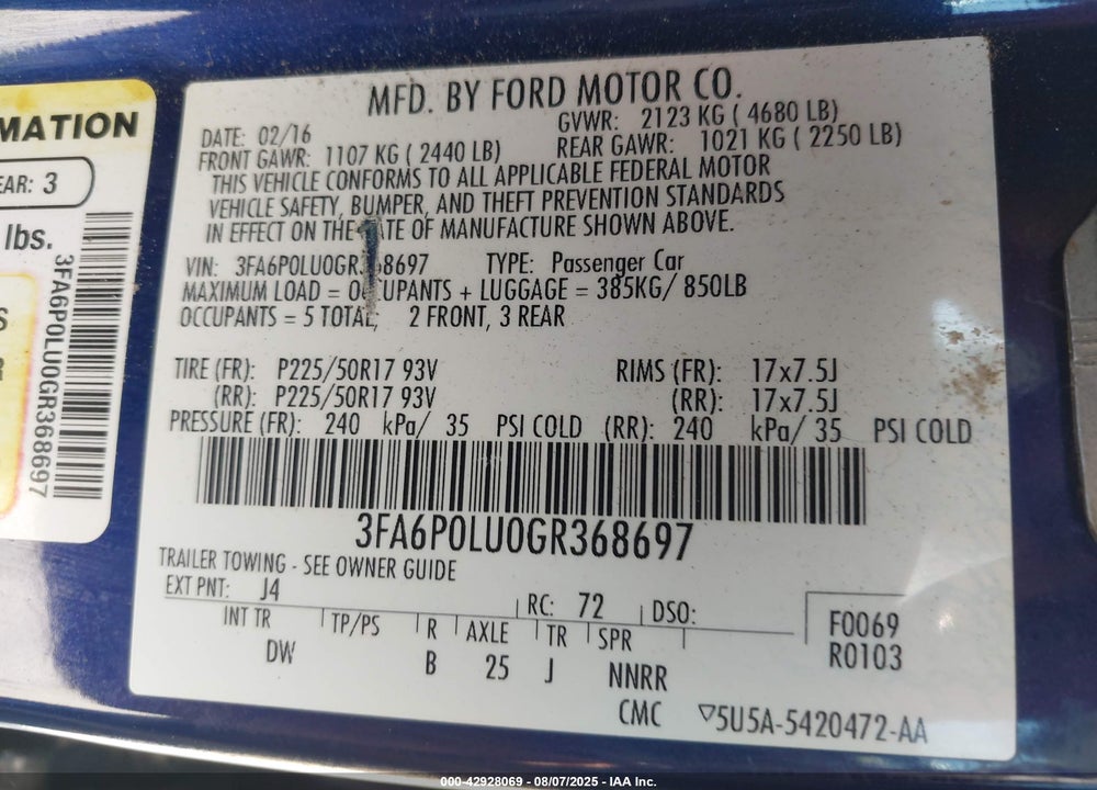 2016 FORD FUSION VIN: 3FA6P0LU0GR368697