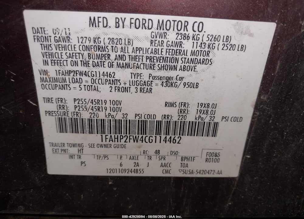 2012 FORD TAURUS VIN: 1FAHP2FW4CG114462