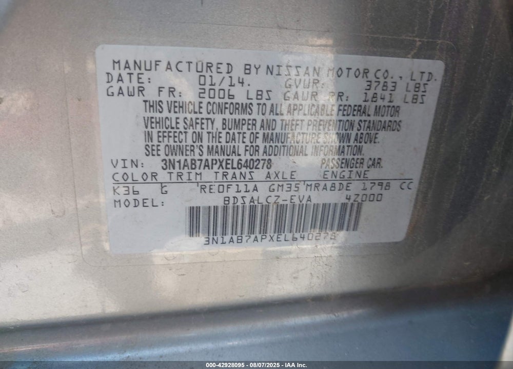 2014 NISSAN SENTRA VIN: 3N1AB7APXEL640278