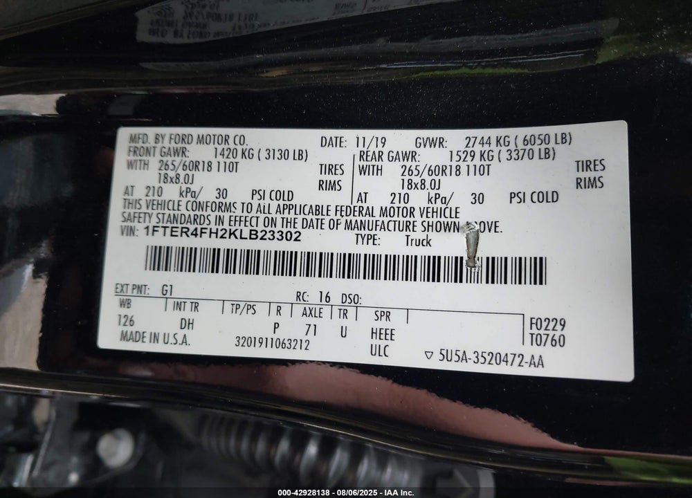 2019 FORD RANGER VIN: 1FTER4FH2KLB23302