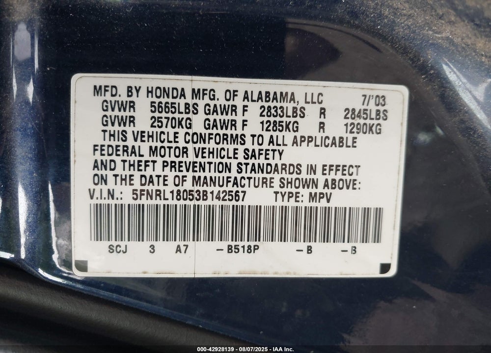 2003 HONDA ODYSSEY EX-L VIN: 5FNRL18053B142567