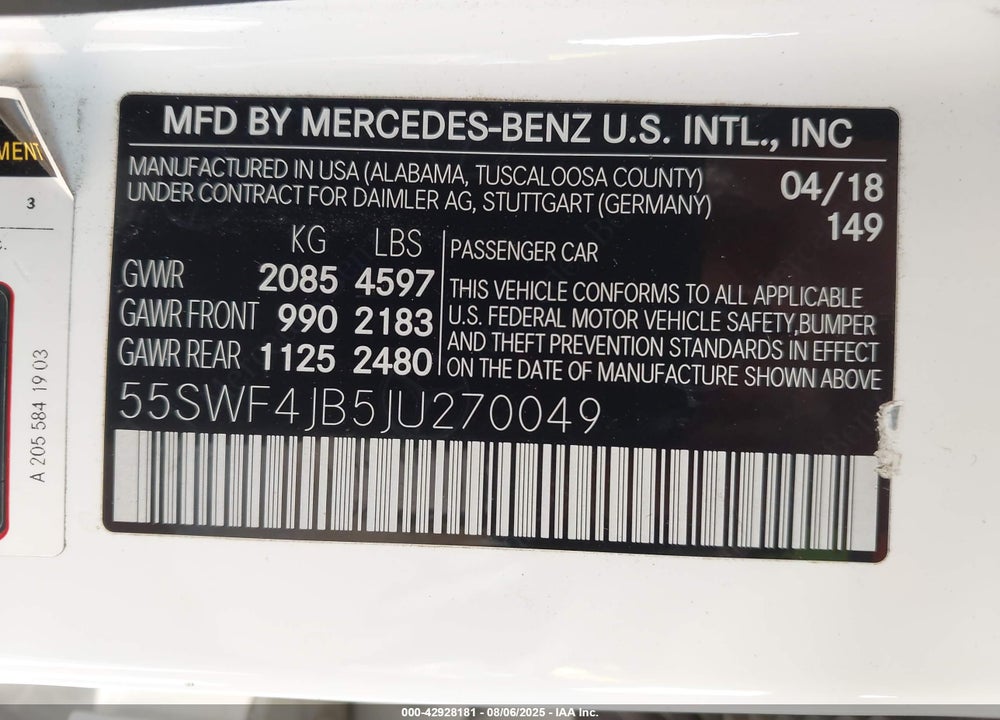 2018 MERCEDES-BENZ C CLASS VIN: 55SWF4JB5JU270049