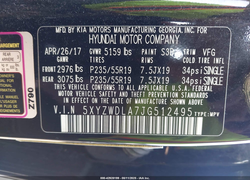 2018 HYUNDAI SANTA FE VIN: 5XYZWDLA7JG512495