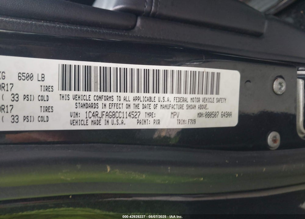 2012 JEEP GRAND CHEROKEE VIN: 1C4RJFAG8CC114527