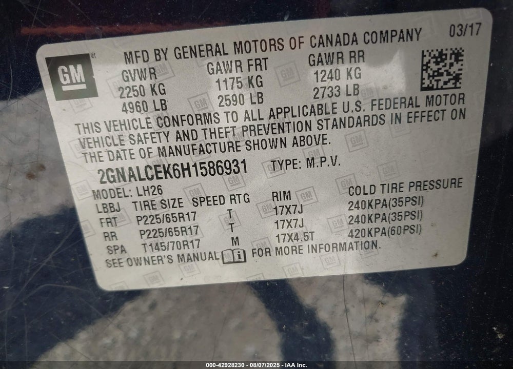 2017 CHEVROLET EQUINOX LT VIN: 2GNALCEK6H1586931