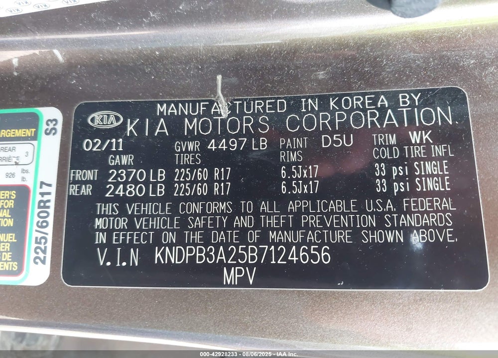 2011 KIA SPORTAGE VIN: KNDPB3A25B7124656