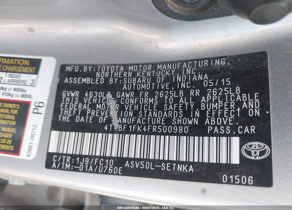 2015 TOYOTA CAMRY VIN: 4T4BF1FK4FR500980