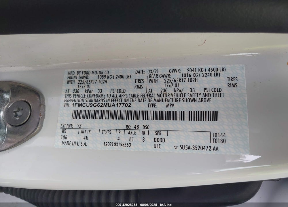 2021 FORD ESCAPE SE VIN: 1FMCU9G62MUA17702