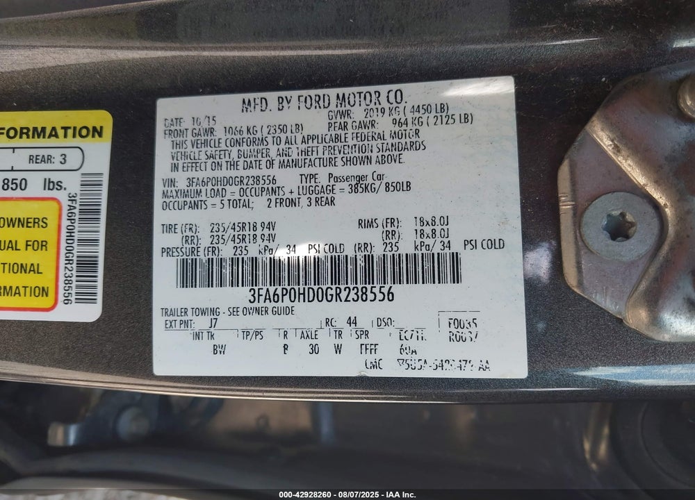 2016 FORD FUSION VIN: 3FA6P0HD0GR238556