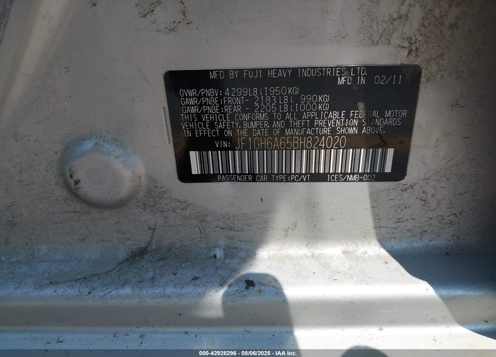2011 SUBARU IMPREZA VIN: JF1GH6A65BH824020